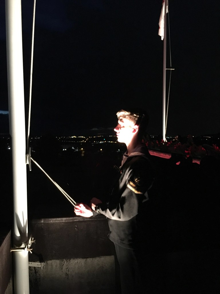 This image portrays a solemn scene at night. A person in a dark navy uniform, with distinct rank insignia on the sleeves, stands in profile, attentively operating a flag hoisting mechanism. Their face is partially illuminated by a nearby light source, highlighting their focused expression. The backdrop is a night sky with a faint glow on the horizon, suggesting either dusk or dawn, and ambient lights from a distant cityscape. A flagpole bearing a flag extends into the dark sky above. The setting and the person's attire suggest a formal military or commemorative event.