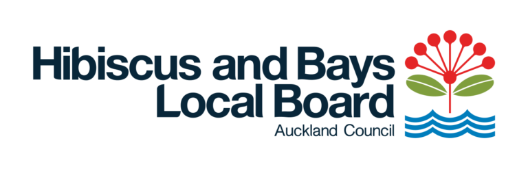 The logo is for the Hibiscus and Bays Local Board, part of the Auckland Council in New Zealand. It consists of a graphic and text elements. On the left, the text "Hibiscus and Bays" appears in a large, bold, dark blue font, with "Local Board" directly beneath in a smaller size. To the right, the "Auckland Council" is written in smaller, light blue letters. The graphic to the right depicts a stylized Pohutukawa flower in red with a light green center above two blue wavy lines that represent the bays. The flower has seven prominent stamens that extend from the center. The overall design symbolizes the natural features of the Hibiscus Coast and Bays areas, suggesting a connection to nature and water.