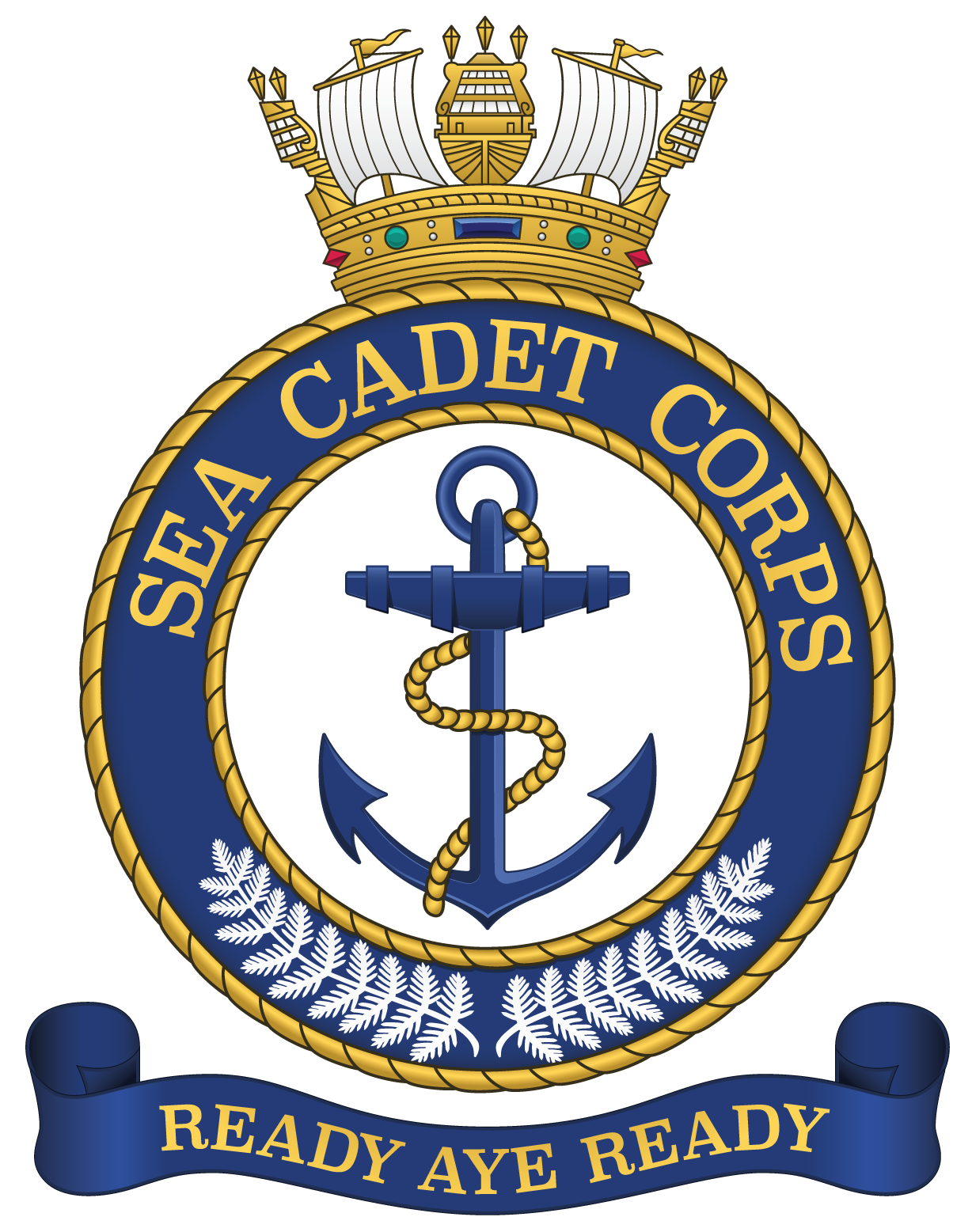 The logo is for the Sea Cadet Corps, depicted with rich naval symbolism. At the top is an ornate naval crown, signifying royal or naval authority, with gold and blue embellishments and a stylized depiction of a ship's stern. Below the crown, the core emblem features a dark blue anchor, its shank vertically aligned, with a yellow coiled rope around it, symbolizing naval tradition and maritime expertise. The anchor is centered on a white background within a circular border. The border is navy blue with the words "SEA CADET CORPS" in bold, capitalized gold letters, indicating the name of the organization. Surrounding the central anchor are silver fern fronds, an emblematic New Zealand plant, representing the organization's heritage and connection to the country. Below the circular motif, a navy blue scroll carries the motto "READY AYE READY" in capitalized gold letters, a declaration of preparedness and willingness to serve. The overall design suggests a strong sense of identity and purpose, rooted in naval tradition and patriotism.